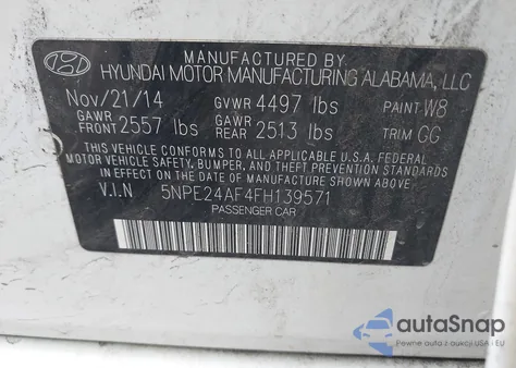 2015 Hyundai Sonata Se z USA, uszkodzony, nr VIN 5NPE24AF4FH139571